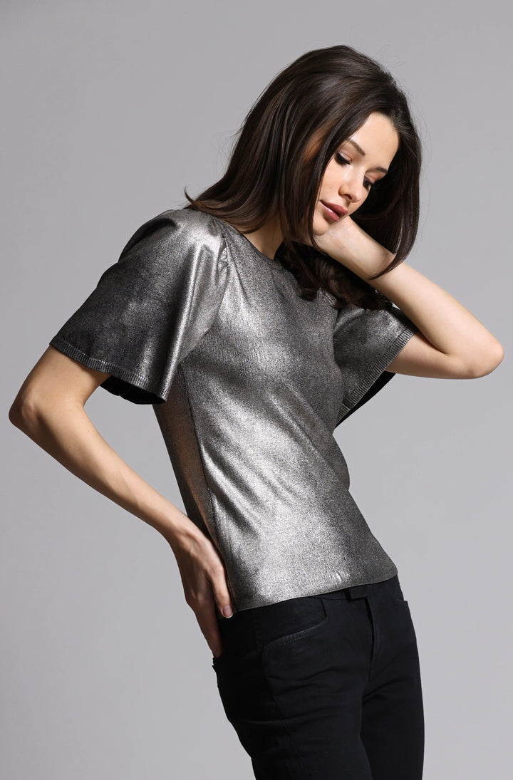 Minnie Rose Viscose Metallic Flared Sleeve Top