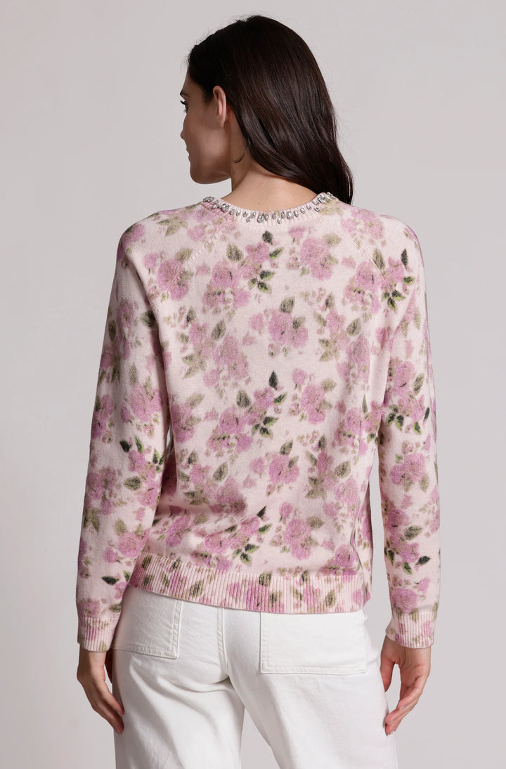 Minnie Rose Cotton Cashmere Printed Crew with Jewels