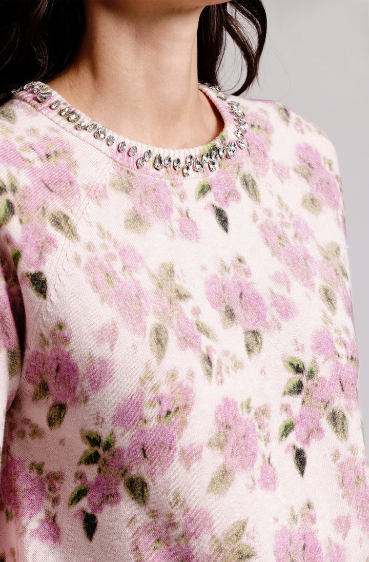 Minnie Rose Cotton Cashmere Printed Crew with Jewels