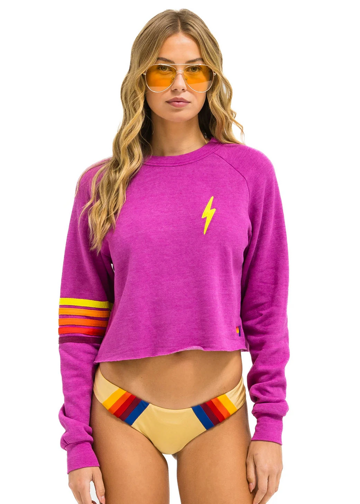 Aviator Nation Bolt Rugby Stitch Cropped Crew Sweatshirt - Magenta // Orange // Yellow