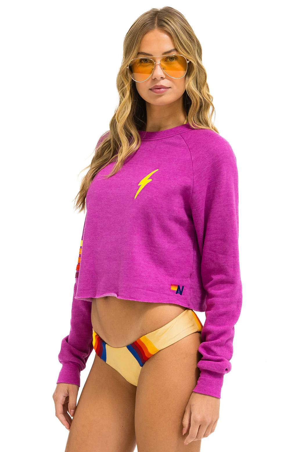 Aviator Nation Bolt Rugby Stitch Cropped Crew Sweatshirt - Magenta // Orange // Yellow