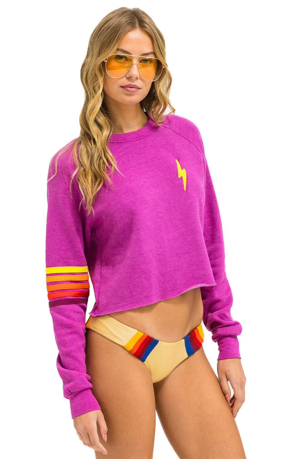 Aviator Nation Bolt Rugby Stitch Cropped Crew Sweatshirt - Magenta // Orange // Yellow