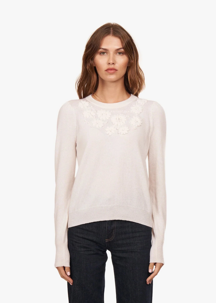 Autumn Cashmere Puff Sleeve Crew with Floral Embroidery