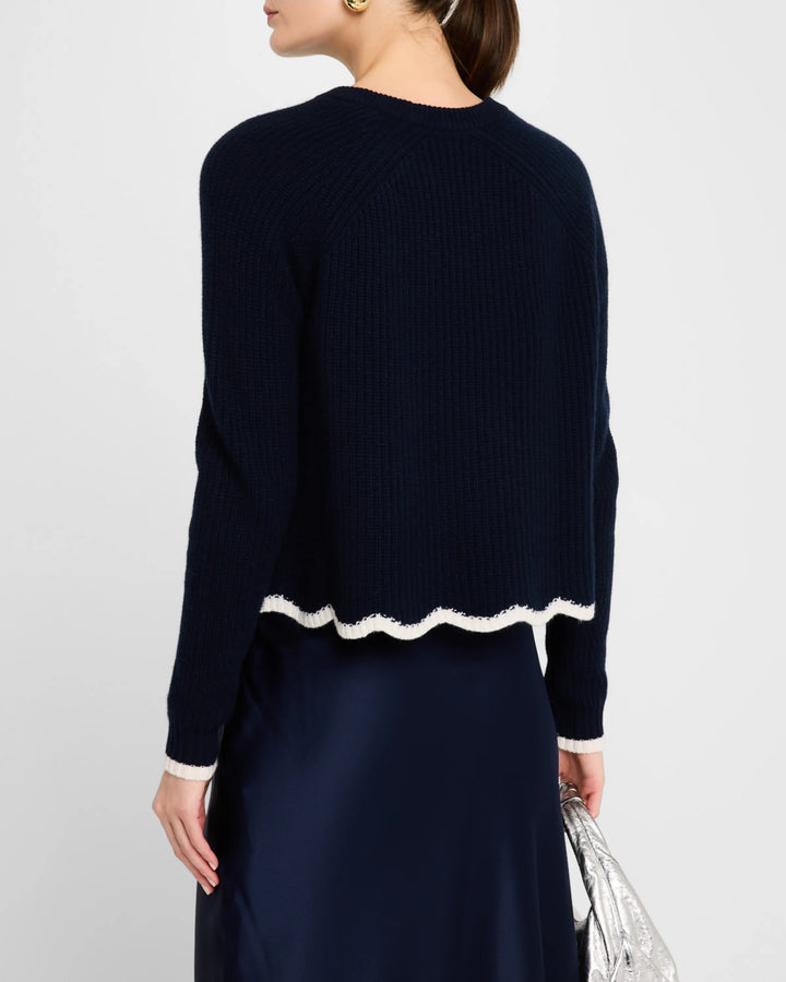 Autumn Cashmere Tipped Scallop Shaker-Knit Crewneck Cashmere Sweater