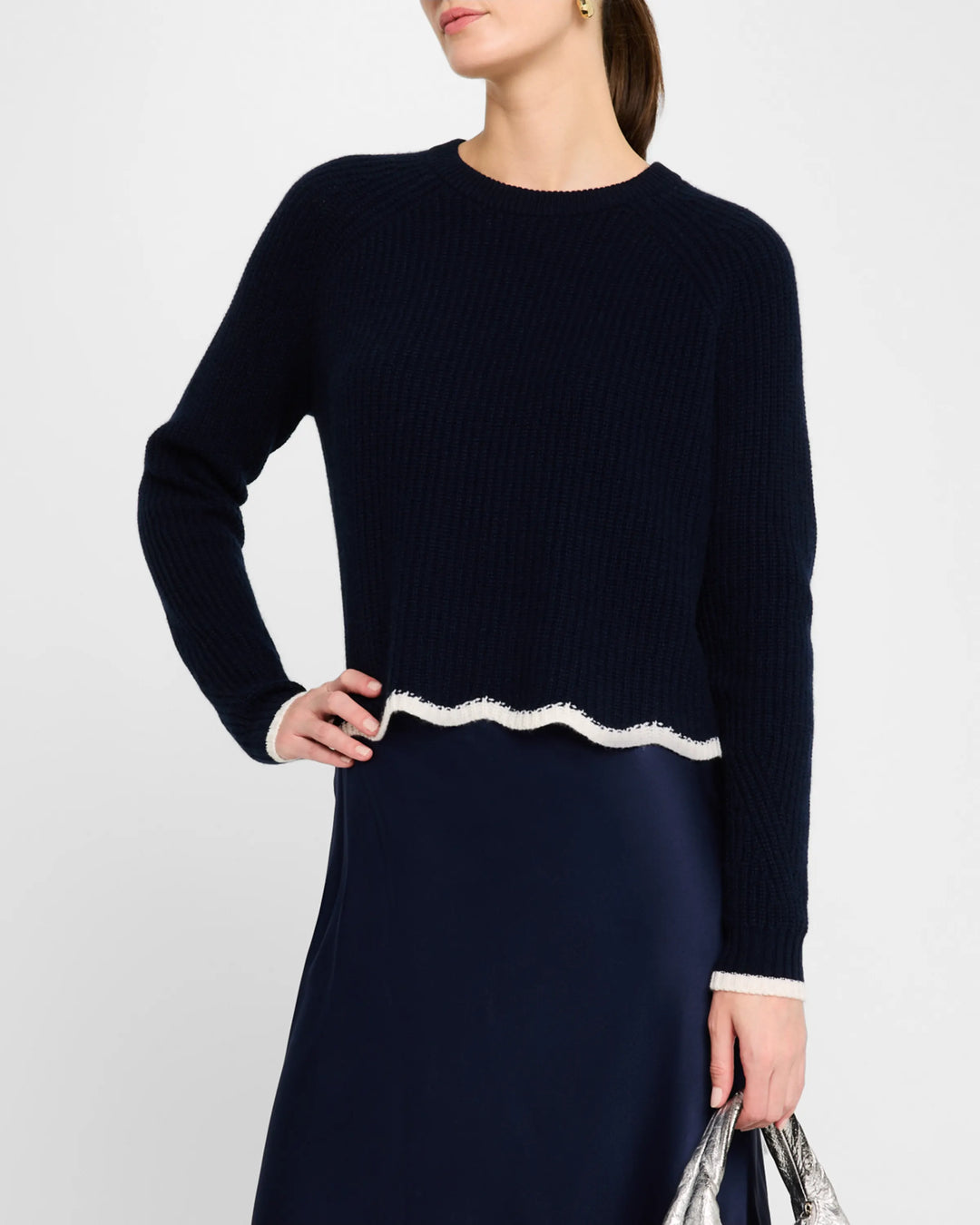 Autumn Cashmere Tipped Scallop Shaker-Knit Crewneck Cashmere Sweater