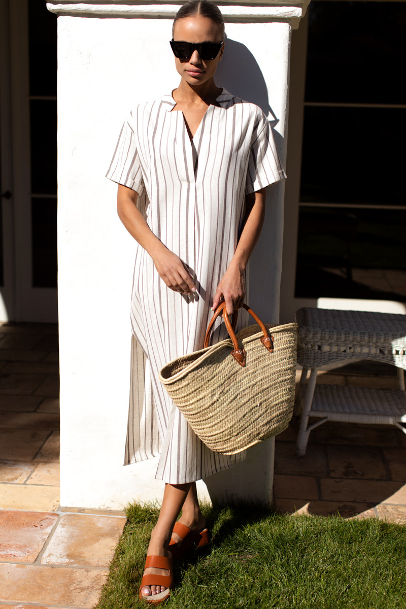 Emerson Fry Rolled Sleeve V Caftan - Seville Stripe Walnut