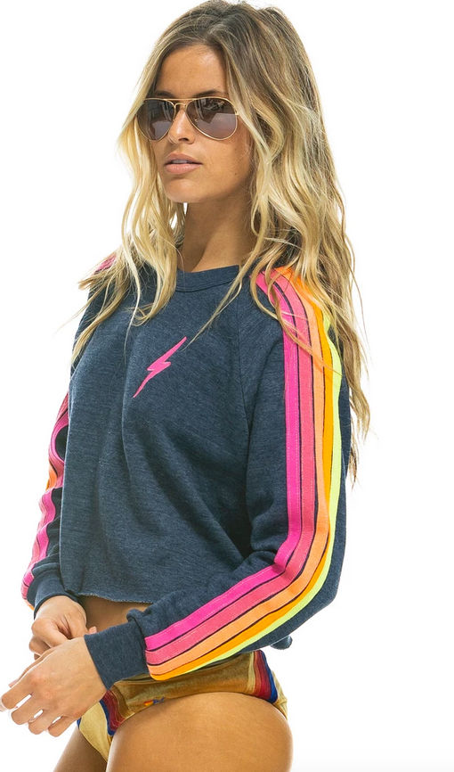 Aviator Nation Bolt Cropped Crew Sweatshirt in Navy Neon / EQUATION Boutique